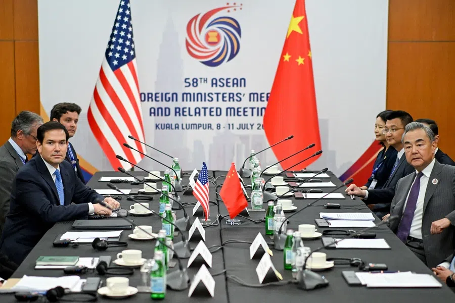 US Secretary of State Marco Rubio (left) meets with China’s Foreign Minister Wang Yi (right) during the 58th ASEAN Foreign Ministers’ meeting and related meetings at the Convention Centre in Kuala Lumpur on 11 July 2025.