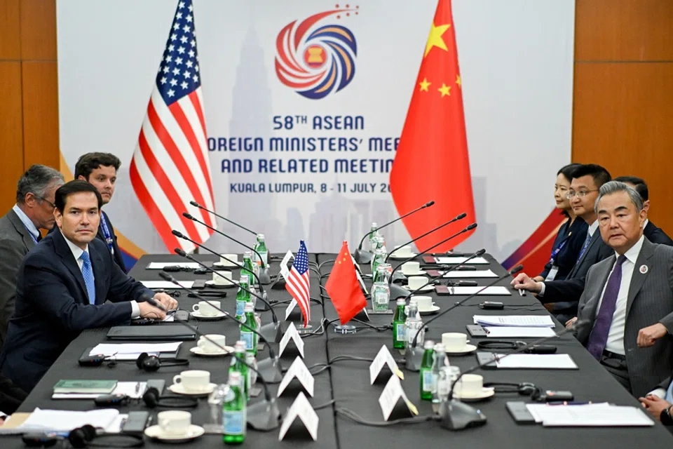US Secretary of State Marco Rubio (left) meets with China’s Foreign Minister Wang Yi (right) during the 58th ASEAN Foreign Ministers’ meeting and related meetings at the Convention Centre in Kuala Lumpur on 11 July 2025. (Mandel Ngan/AFP)