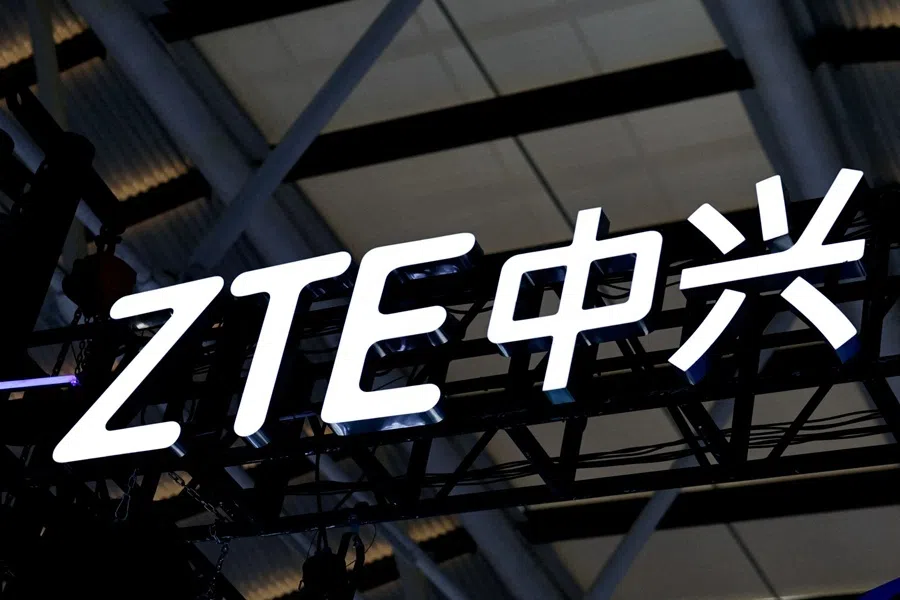 A sign of ZTE is displayed at the company's booth at the expo of the World Internet Conference in Wuzhen town of Tongxiang city, Zhejiang province, China, on 8 November 2025.