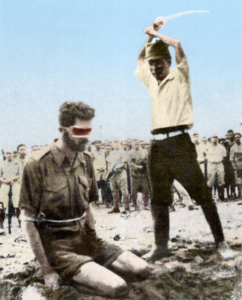 A harrowing scene of Japanese troops beheading Australian prisoners of war. Western armies previously had few exchanges with the Japanese army, and while they expressed sympathy for the suffering of the Chinese in the Sino-Japanese War, they could not really identify until they had firsthand exchanges, when they were shocked by the cruelty of Japanese troops. British, US, Australian, and Dutch POWs were all mistreated by the Japanese, with Australian soldiers and nurses massacred and raped by Japanese troops.
