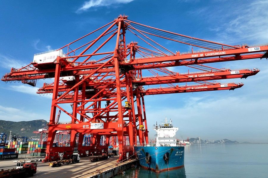 A cargo ship berths at Lianyungang port, in Jiangsu province, China, on 9 May 2023. (AFP)