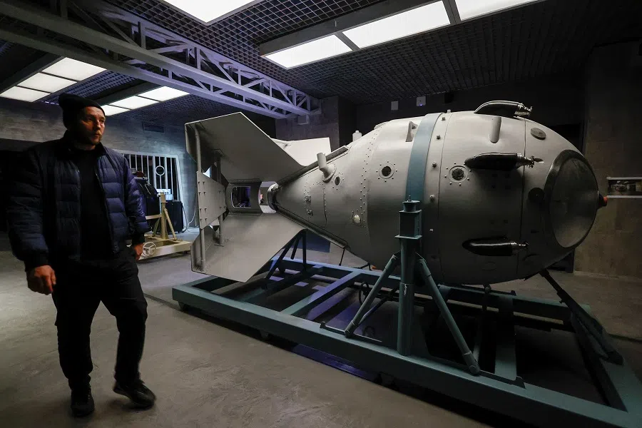 A model of the first Soviet atomic bomb, RDS-1, is on display at the nuclear energy museum Atom, located in a pavilion of the Exhibition of Achievements of National Economy (VDNKh) in Moscow, Russia, on 26 October 2023. (Yulia Morozova/Reuters)