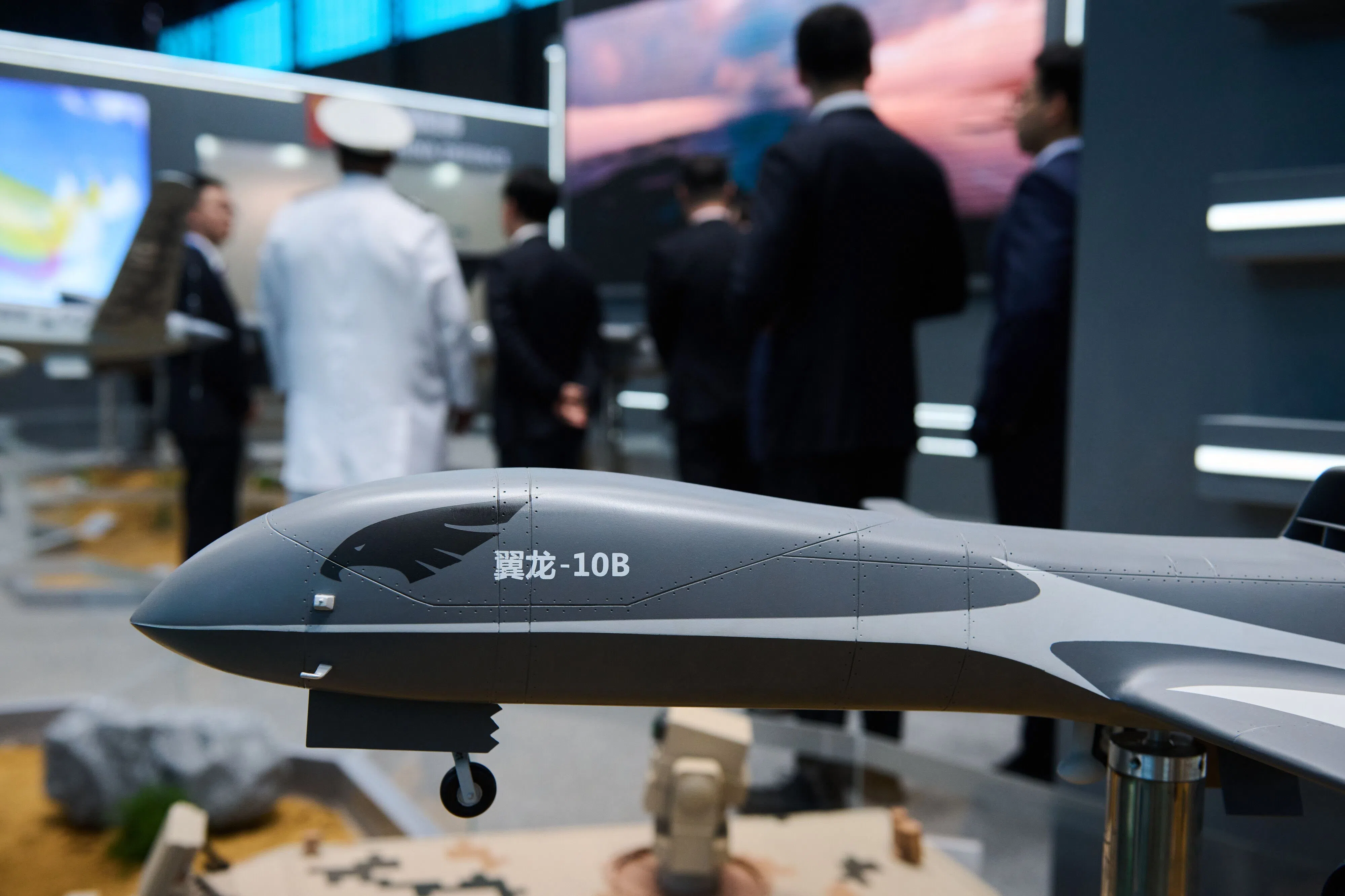 A model 10B unmanned aerial vehicle at the China National Aero-Technology Import & Export Corp. stand during the Africa Aerospace and Defence Expo at Air Force Base Waterkloof, in Pretoria, South Africa, on 16 September 2026.