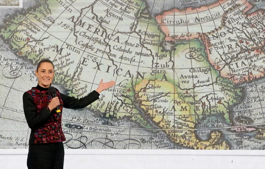 Mexico’s President Claudia Sheinbaum speaks during her daily conference at the National Palace in Mexico City on 8 January 2025. Sheinbaum said that the US should be called “Mexican America”, in response to Trump’s proposal to rename the Gulf of Mexico the “Gulf of America”. (Alfredo Estrella/AFP)