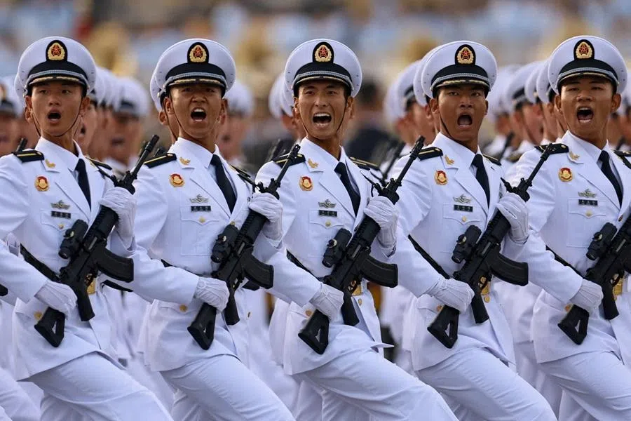 Members of Chinese People's Liberation Army (PLA) Navy march during the rehearsal ahead of a military parade to mark the 80th anniversary of the end of World War Two, in Beijing, China, on 3 September 2025.