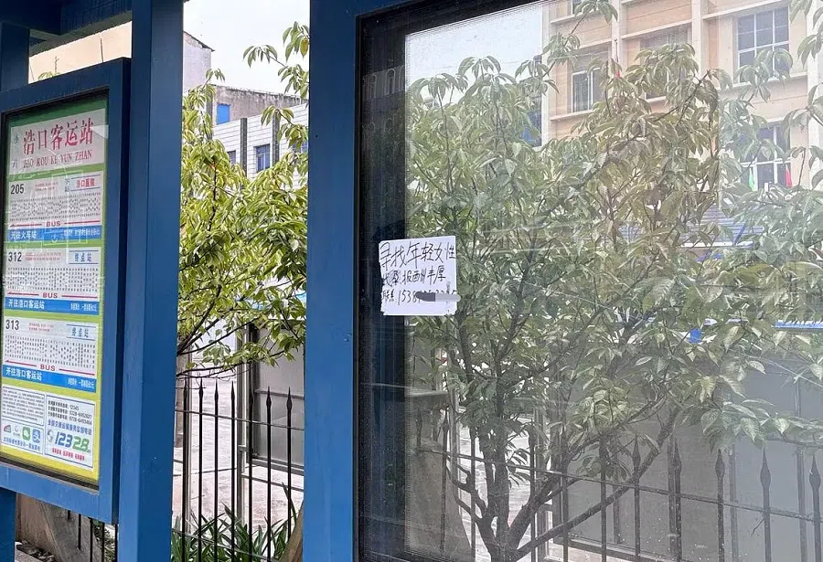 An advertisement at a bus stop in Haokou town, Hubei province, seeking a “young woman, good remuneration”. (Li Kang/SPH Media)