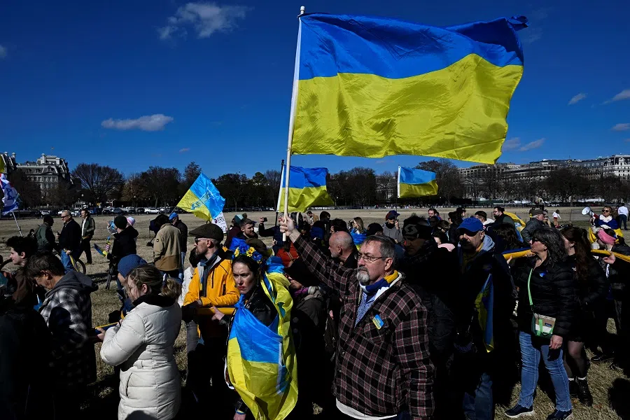 Demonstrators rally in support of Ukraine during a protest on the Ellipse near the White House in Washington, DC, US, on 8 March 2025. (Craig Hudson/Reuters)