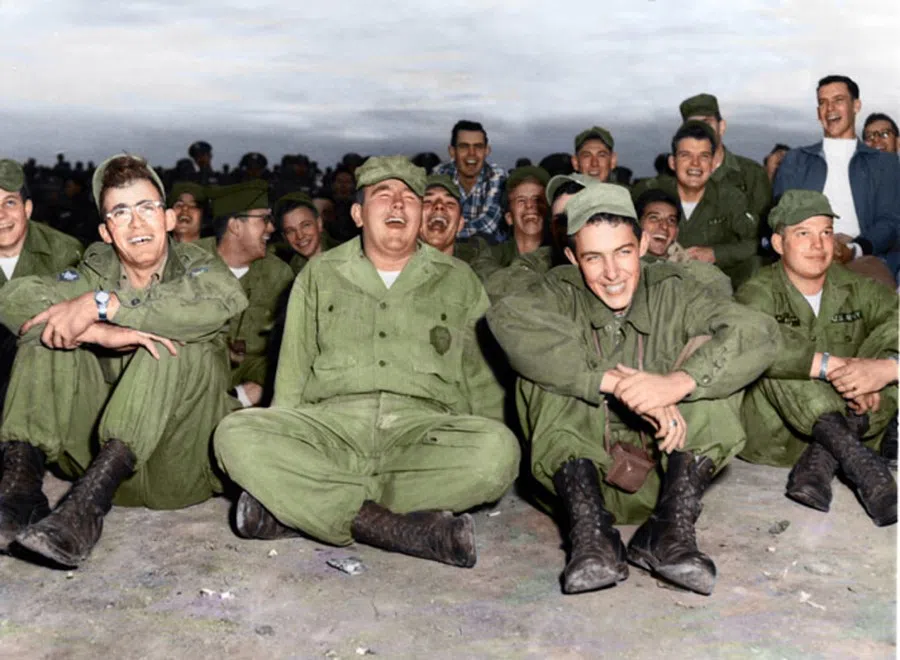 The US Armed Forces Entertainment performing for appreciative soldiers in Taiwan, 1950s.