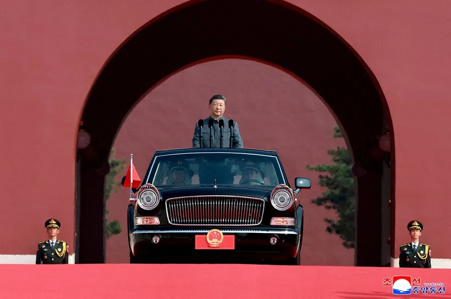 Chinese President Xi Jinping attends a military parade marking the 80th anniversary of the end of World War Two, in Beijing, China, in this picture released by the Korean Central News Agency, 3 September 2025. (KCNA via Reuters)