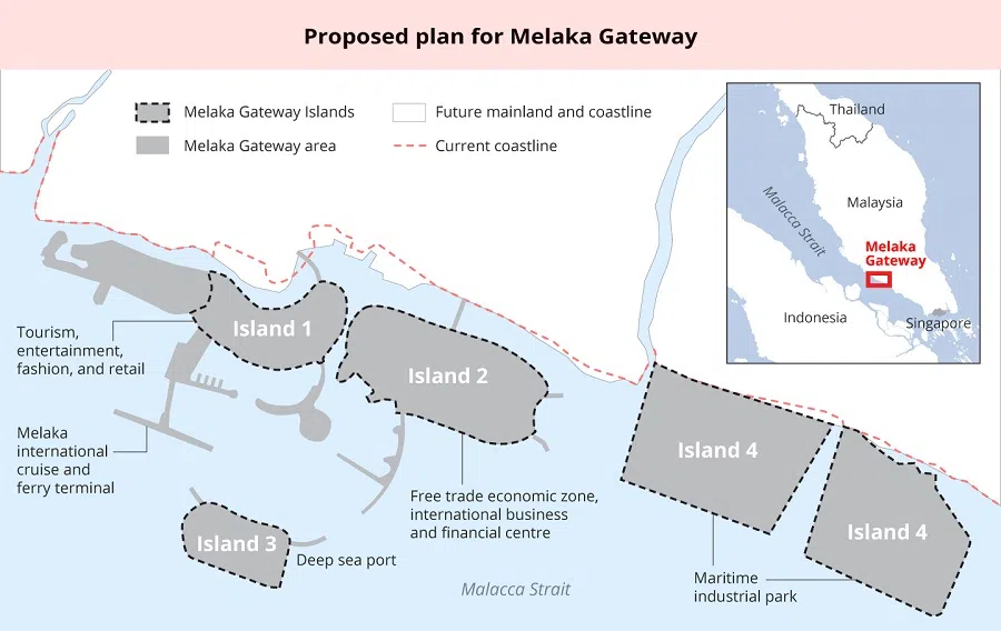 Melaka Gateway was to be built on three man-made islands and one natural island, slated to be completed in 2025. (Source: Melaka Gateway official website, OpenStreetMap website) (Graphic: Chua Sin Yew)