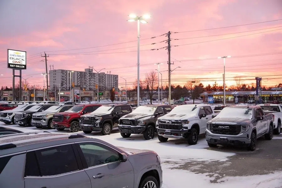 Vehicles for sale at a Chevrolet, Buick and GMC dealership in London, Ontario, Canada, on 11 January 2026. (Brett Gundlock/Bloomberg)