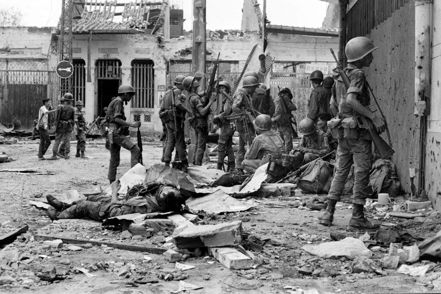 The streets of the Cho Lon district of Ho Chi Minh City during attacks by the Viet Cong during the festive Tet holiday period in Saigon in 1968. Following this battle known as the Tet Offensive, the US public's support for the Vietnam War declined drastically. (AFP)