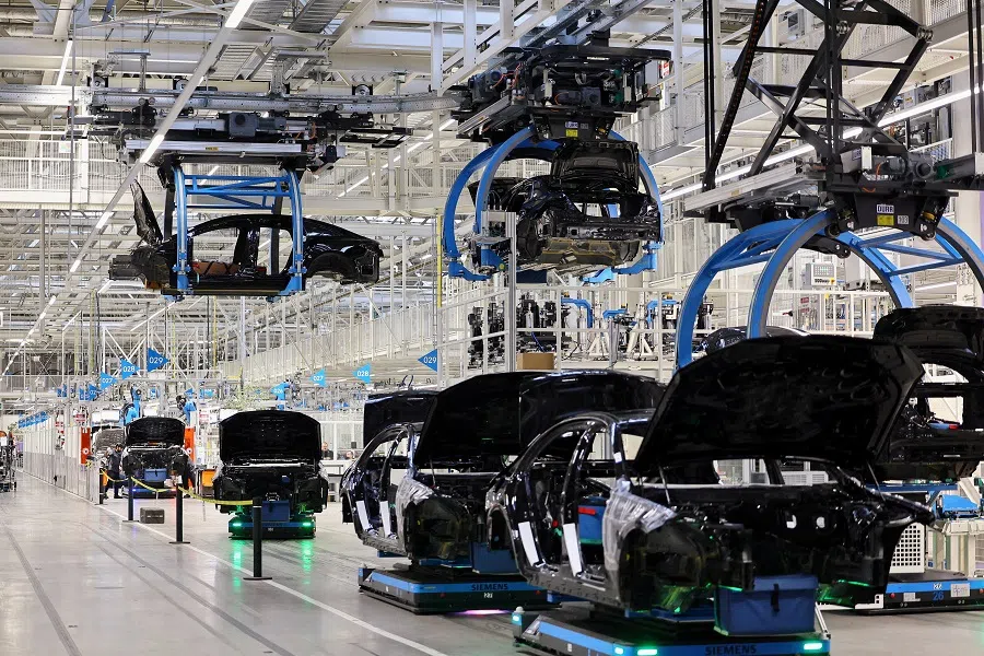 Car bodies are lifted at “Factory 56” of German automaker Mercedes-Benz, in Sindelfingen near Stuttgart, Germany, on 4 March 2024.