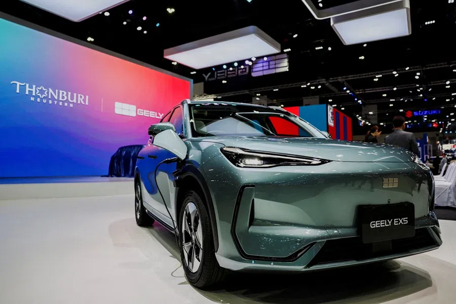 A Geely EV car is displayed at the 46th Bangkok International Motor Show in Bangkok, Thailand, 24 March 2025. (Chalinee Thirasupa/Reuters)