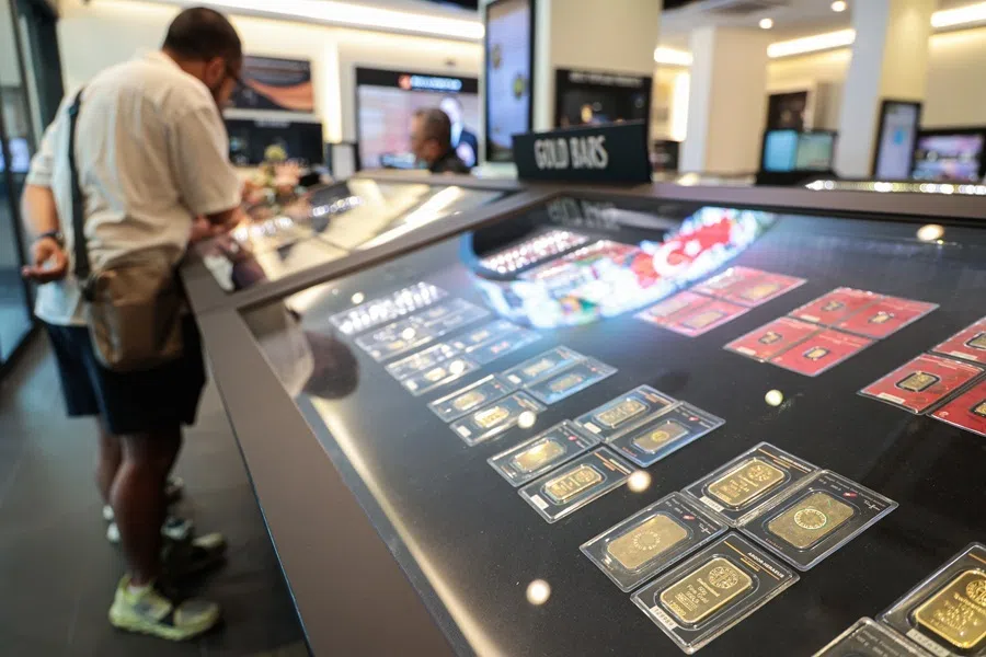 Gold bars on display at BullionStar’s retail store on New Bridge Road, Singapore, on 16 August 2025.