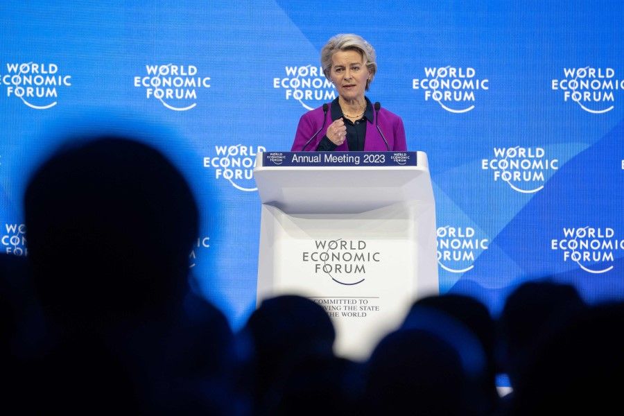 European Commission President Ursula von der Leyen speaks during a session of the World Economic Forum (WEF) annual meeting in Davos on 17 January 2023. (Fabrice Coffrini/AFP)