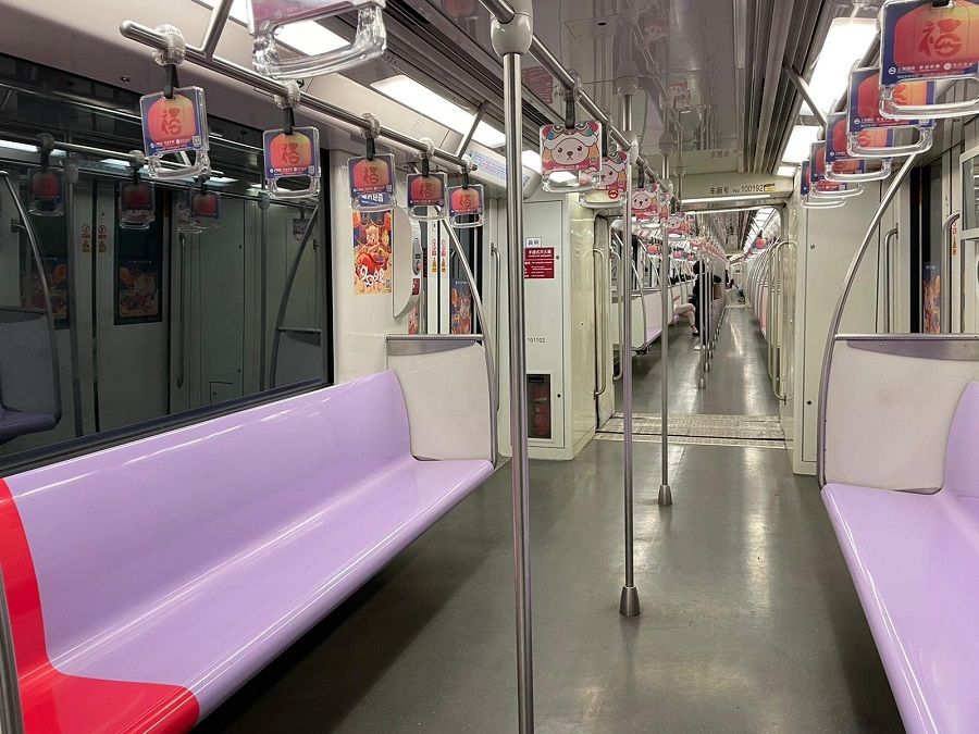 An almost empty subway train in Shanghai, China.