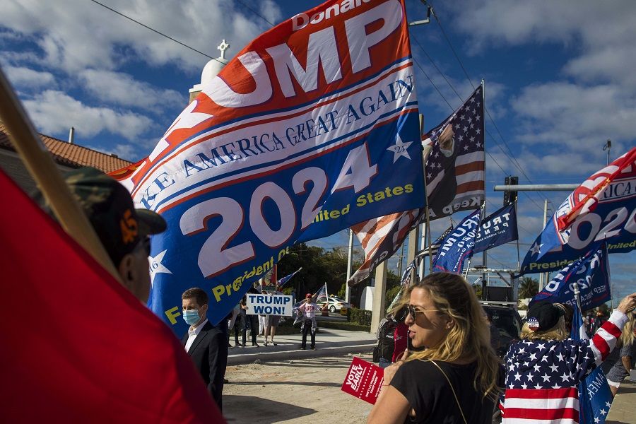 Supporters of former US President Donald Trump hold flags and signs near Mar-a-Lago in Palm Beach, Florida, US, on 20 January 2021. (Saul Martinez/Bloomberg)