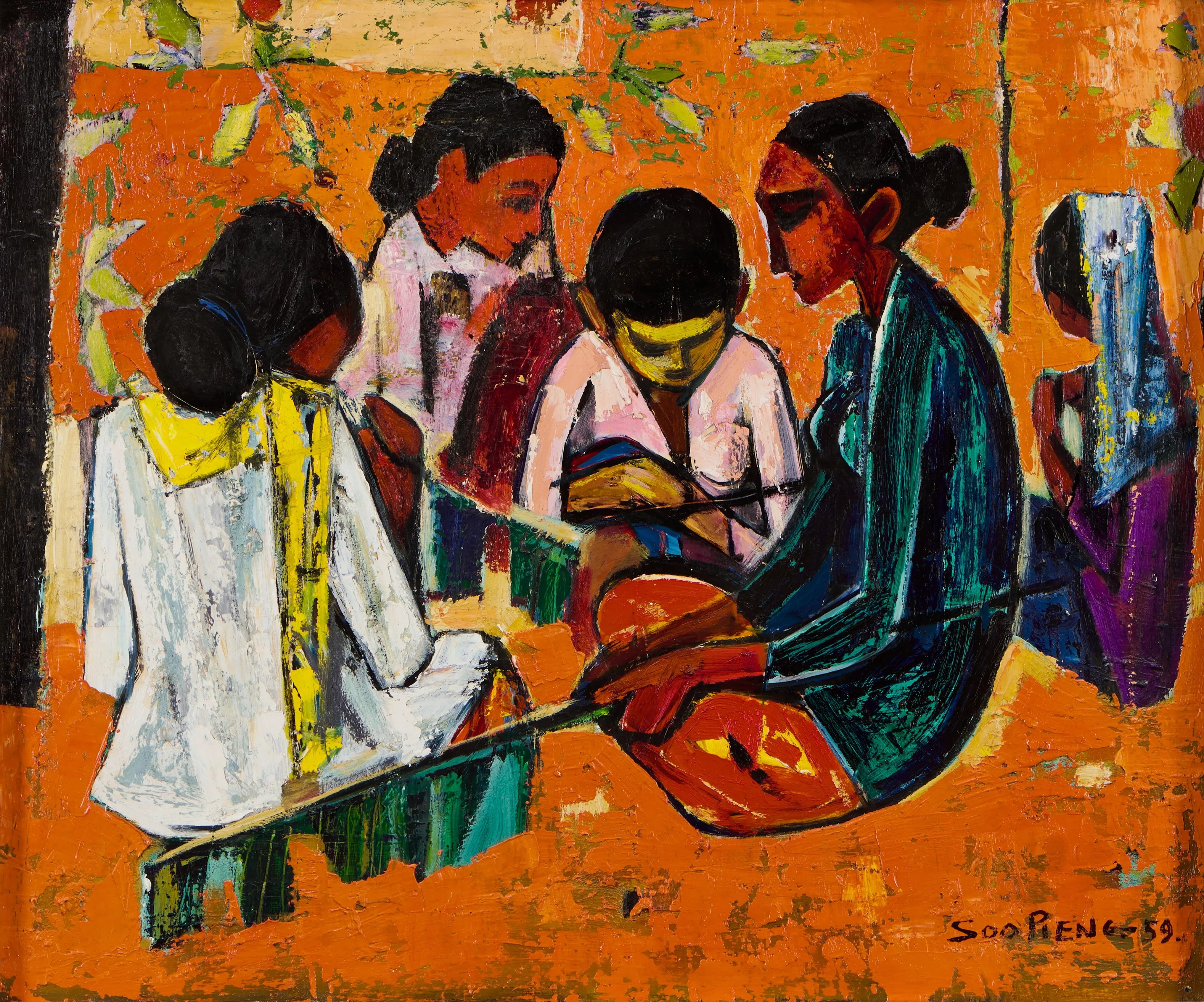 Cheong Soo Pieng, Untitled (Three Malay Women and Boy), 1959, Oil on canvas, 49 x 59 cm. Gift of Loke Wan Tho Bequest.