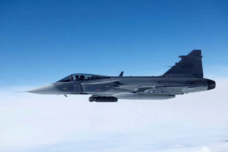 A Swedish Air Force Saab JAS 39 Gripen fighter jet flies during a media day, on 4 July 2023.