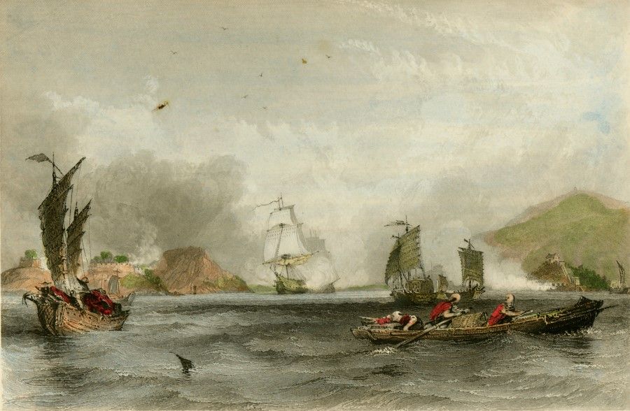 Etching by British artist Thomas Allom, showing the intensity of the Battle of the Bogue at Humen, where Lin Zexu burned British opium. After Lin was removed, his successor Qishan had no heart to fight, resulting in loose defences along the coast. The reinforced British army attacked Humen, and the Qing army lost heavily.