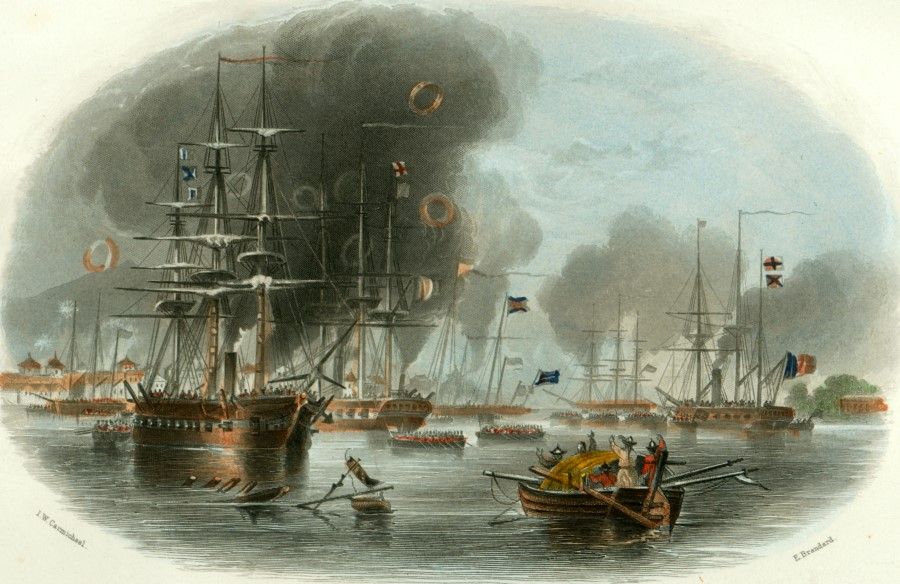 Etching by a 19th century British artist, showing British ships bombarding Guangzhou. As the envoy Lin Zexu had strictly prohibited opium in Guangdong and burned British merchants' opium, the British government decided to send ships east to bombard Guangzhou. However, as Lin Zexu had prepared tight defences, the British ships turned to attack Xiamen and Dinghai.
