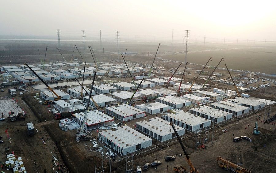 This aerial photo taken on 16 January 2021 shows the under-construction centralised quarantine facilities, where people at risk of contracting the Covid-19 coronavirus are to be taken into quarantine in Shijiazhuang, Hebei province, China. (STR/CNS/AFP)