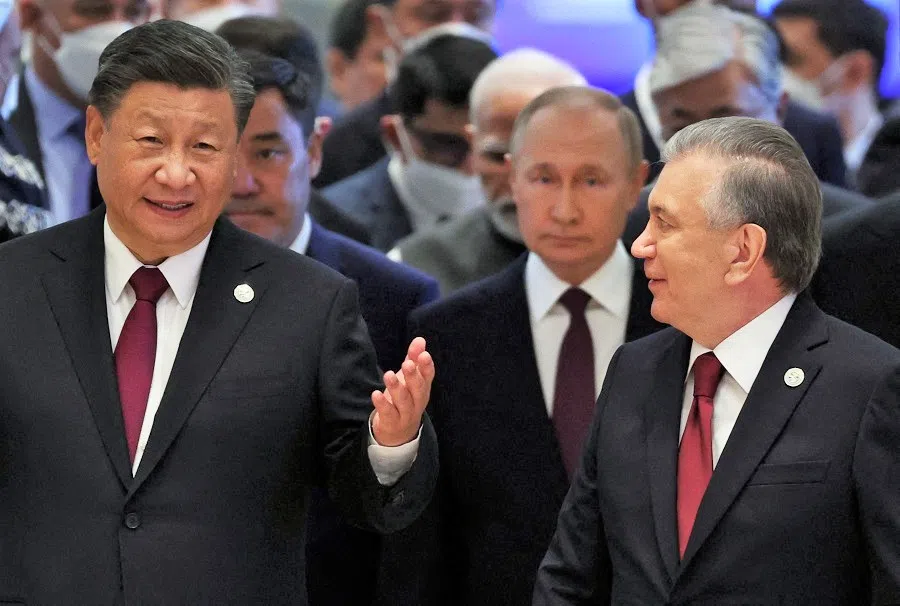 China's President Xi Jinping, Russian President Vladimir Putin, Uzbek President Shavkat Mirziyoyev and other participants attend the Shanghai Cooperation Organisation (SCO) leaders' summit in Samarkand, Uzbekistan, on 16 September 2022. (Sergei Bobylyov/Sputnik/AFP)