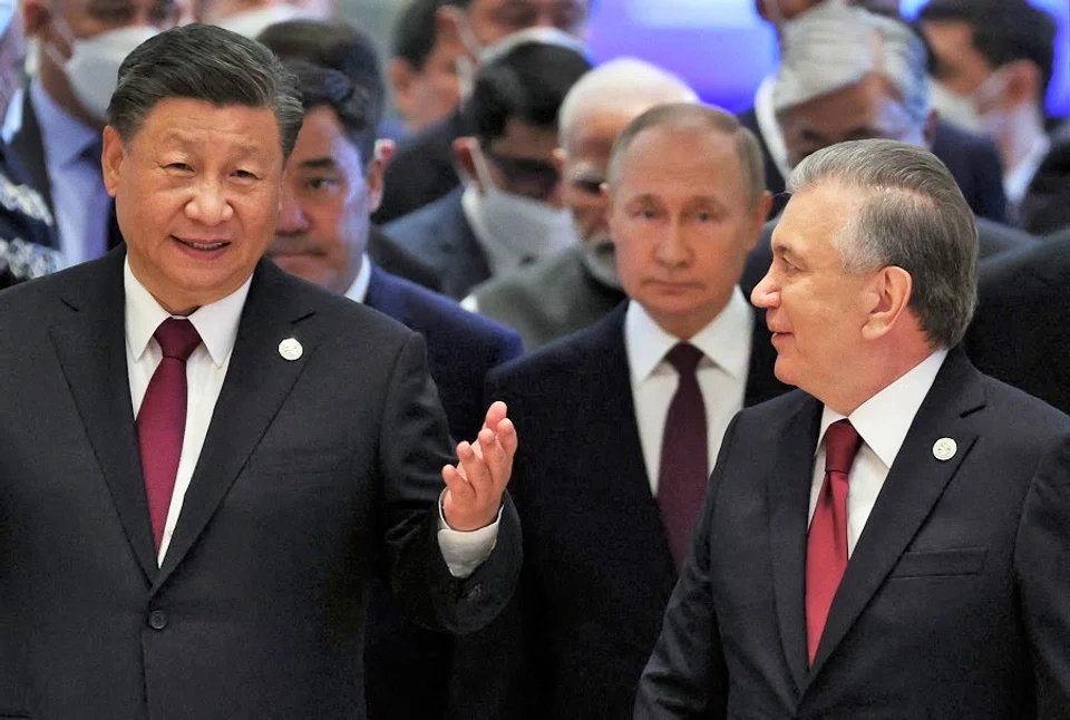 China's President Xi Jinping, Russian President Vladimir Putin, Uzbek President Shavkat Mirziyoyev and other participants attend the Shanghai Cooperation Organisation (SCO) leaders' summit in Samarkand, Uzbekistan, on 16 September 2022. (Sergei Bobylyov/Sputnik/AFP)