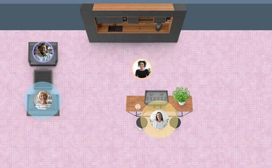 This handout screenshot courtesy of Teamflow shows a virtual cafeteria space where participants have a circle around their photo, symbolizing the auditory range between people. (Teamflow/AFP)