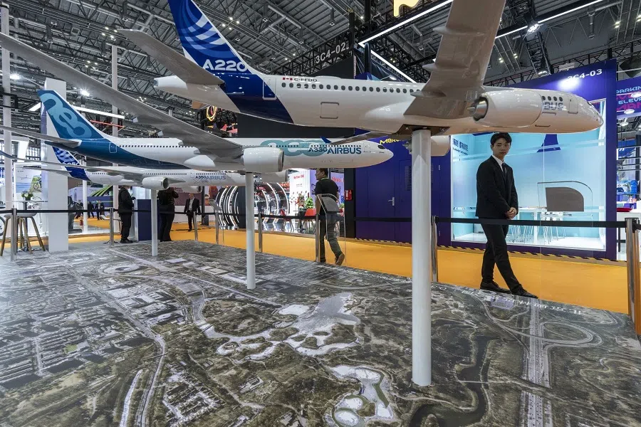 An Airbus SE model aircraft on display at the China International Import Expo in Shanghai, China, on 5 November 2024.
