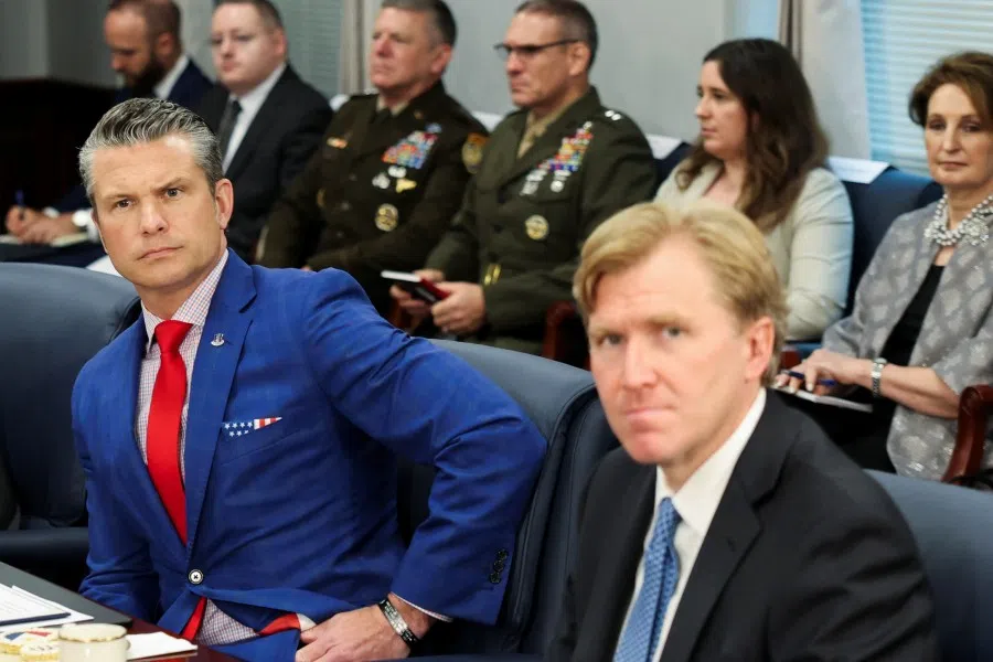 US Defence Secretary Pete Hegseth, seated with under secretary Elbridge Colby, meets with Philippine President Ferdinand Marcos Jr at the Pentagon, in Washington, DC, US, on 21 July 2025. (Jonathan Ernst/Reuters)