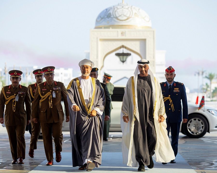  Sheikh Mohamed bin Zayed Al Nahyan, President of the United Arab Emirates and Sultan Haitham bin Tariq of Oman attend a state visit reception at Qasr Al Watan, Abu Dhabi, United Arab Emirates, on 22 April 2024.  (Ryan Carter/UAE Presidential Court/Reuters)
