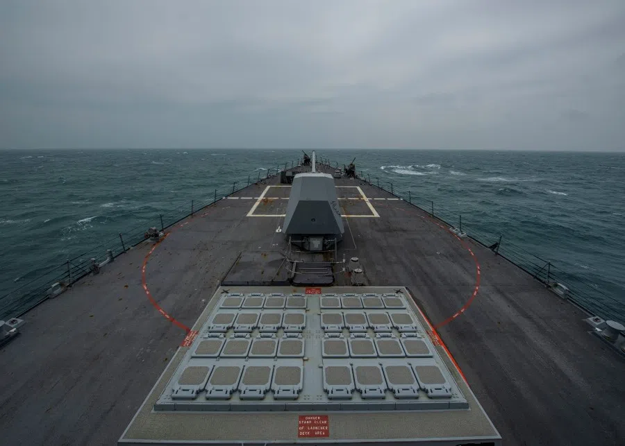 United States Navy Arleigh Burke-class guided-missile destroyer USS John Finn (DDG 113) transits the Taiwan Strait 10 March 2021 in this handout provided by the US Navy. (Jason Waite/U.S. Navy/Handout via Reuters)