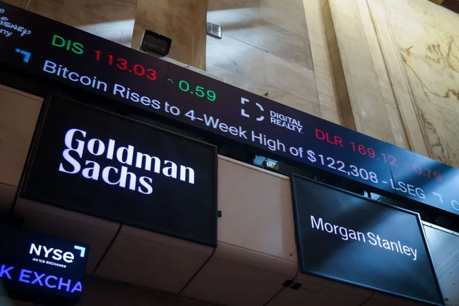 A news ticker displays Bitcoin market news on the floor at the New York Stock Exchange (NYSE) in New York, US, on 11 August 2025. (Michael Nagle/Bloomberg)