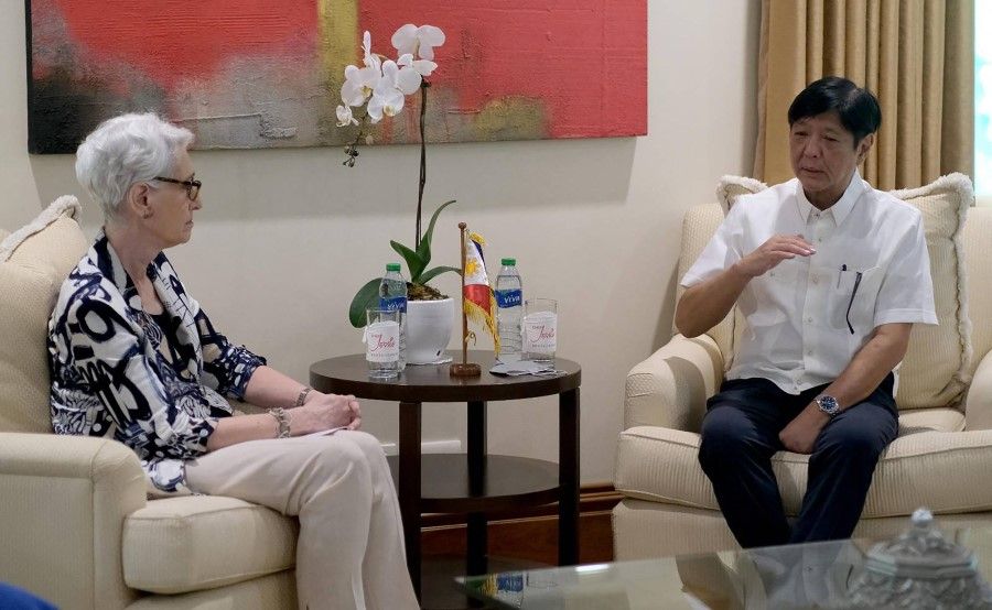 In this handout photo received from the Bongbong Marcos (BBM) Media Bureau on 9 June 2022, US Deputy Secretary of State Wendy Sherman (left) meets with Philippines President Ferdinand Marcos Jr. (right) during their meeting in Makati, Metro Manila. (Handout/Bongbong Marcos (BBM) Media Bure/AFP)
