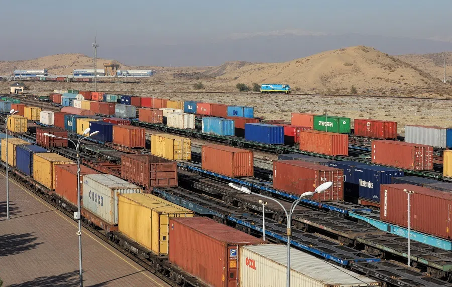 Trains loaded with containers are seen at the Altynkol railway station near the Khorgos border crossing point on the border with China in Kazakhstan, 26 October 2021. (Pavel Mikheyev/Reuters)