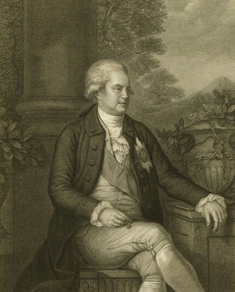A portrait of George Macartney, 1st Earl Macartney, sent by King George III as a special envoy to China. This is a print of the original painting by Irish painter Thomas Hickey, who followed the delegation, and is the most-used image in describing Macartney's visit to China.