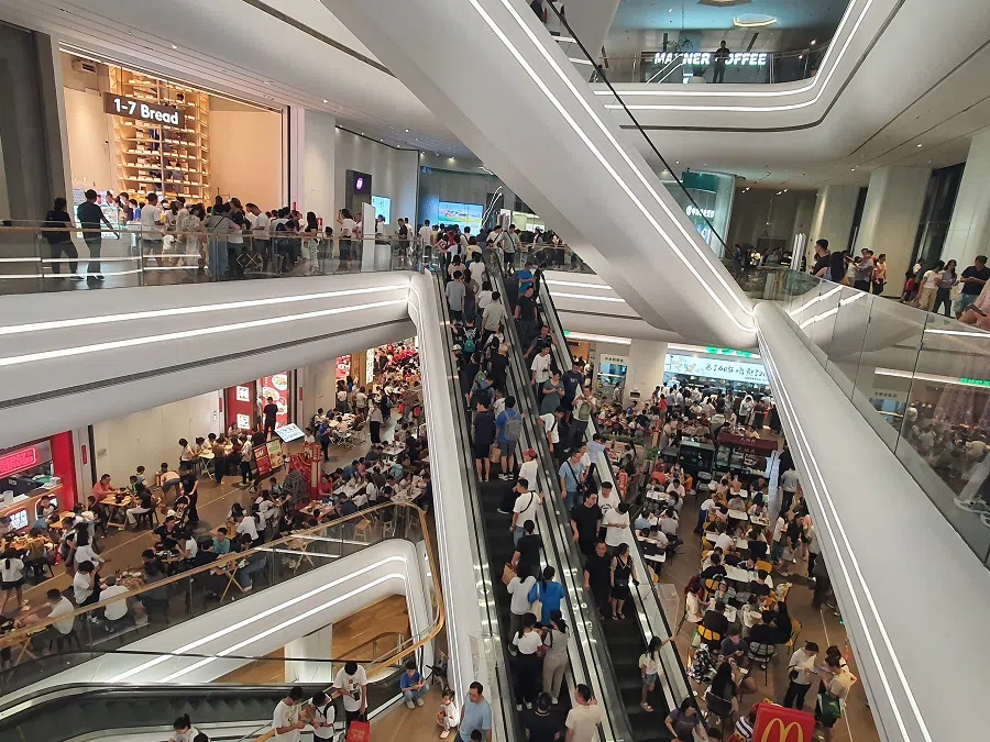 A crowded shopping mall in Shenzhen’s Futian district on 2 October 2024. (SPH Media)