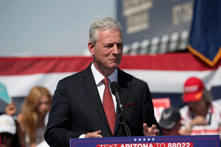 Former national security adviser Robert C. O’Brien speaks during a rally at Tucson Speedway in Tucson, Arizona, US, on 9 October 2024.  (Go Nakamura/Reuters)