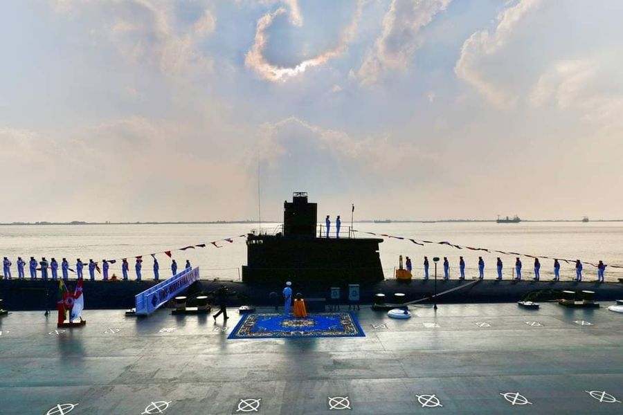 The commissioning ceremony of the UMS Minye Kyaw Htin, a Chinese-made Type 035 (NATO code-class Ming) submarine. (@KushalSinha001/Twitter)