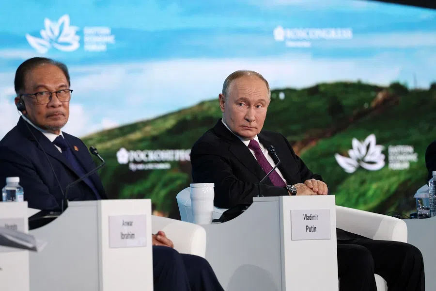 Russian President Vladimir Putin and Malaysian Prime Minister Anwar Ibrahim attend a plenary session of the Eastern Economic Forum in Vladivostok, Russia, on 5 September 2024. (Kirill Kazachkov/Roscongress Foundation via Reuters)