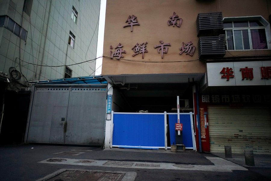 A blocked entrance to Huanan seafood market, where the coronavirus that can cause COVID-19 is believed to have first surfaced, Wuhan, March 30, 2020. (Aly Song/REUTERS)