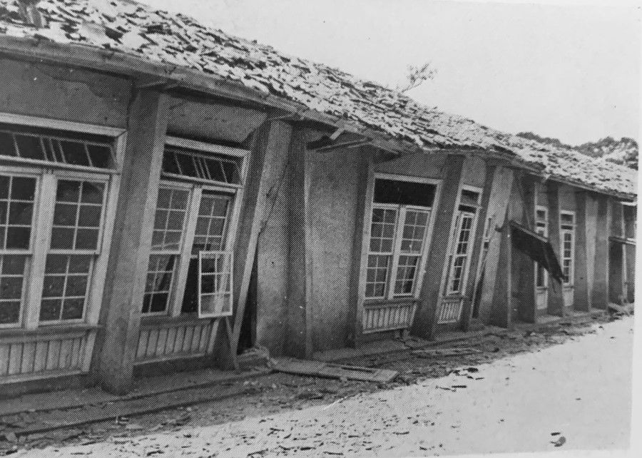 Classrooms tilted in Neipu Elementary School, Fengyuan county, following the 1935 Taichung earthquake.