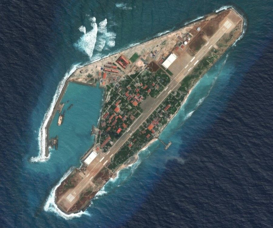 A satellite image of Vietnam-claimed Spratly Island within the Spratly Islands. (Wikimedia)
