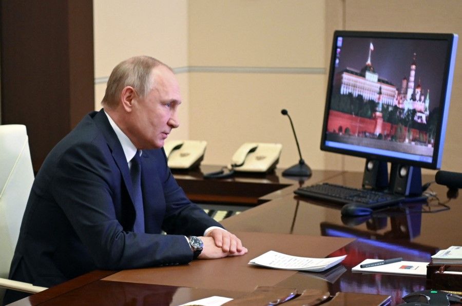 Russian President Vladimir Putin chairs a meeting with members of the Security Council via teleconference call at the Novo-Ogaryovo state residence outside Moscow, Russia on 3 March 2022. (Andrey Gorshkov/AFP)