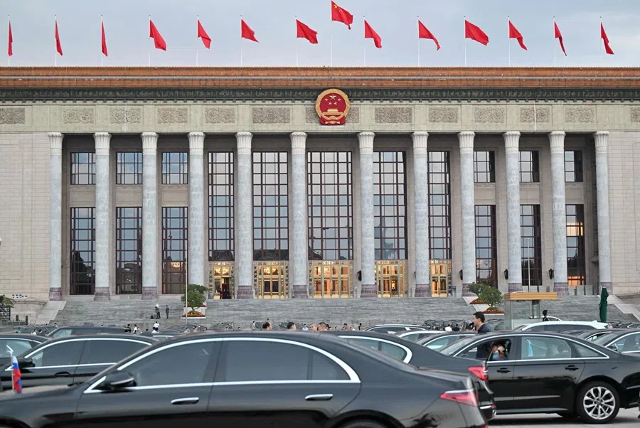 Guests’ cars are parked at Tiananmen Square near the Great Hall of the People on the eve of China's National Day, in Beijing on 30 September 2025. (Adek Berry/AFP)