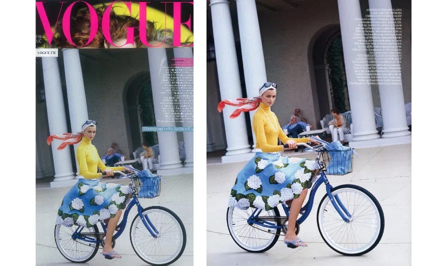 Andrew Gn's skirt with hydrangea embroidery shot by Vogue UK, April 2004.