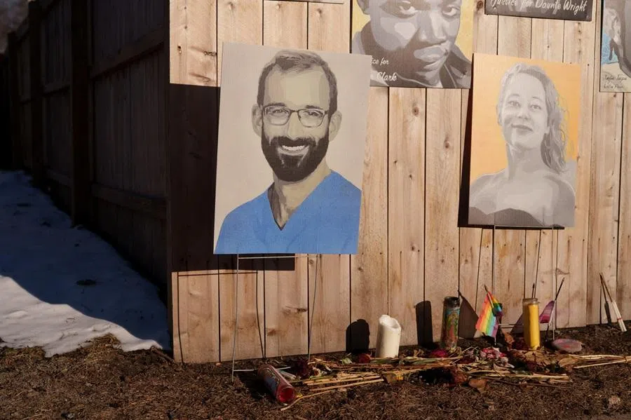 Images of Minnesota residents killed by law enforcement, including Renée Good and Alex Pretti, are kept on a fence near a memorial for Renée Good in Minneapolis, Minnesota, US, 11 March 2026. (Tim Evans/Reuters)