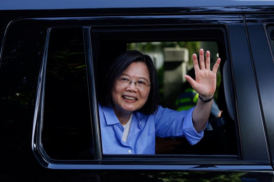 Taiwan President Tsai Ing-wen waves to visitors in Taichung, Taiwan, on 14 July 2023. (Ann Wang/Reuters)